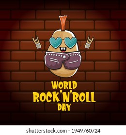 World rock n roll day poster with potato cartoon character isolated on brick wall background. Rock n roll day poster design template
