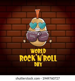 World rock n roll day poster with potato cartoon character isolated on brick wall background. Rock n roll day poster design template