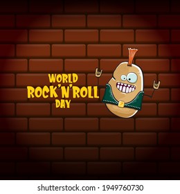 World rock n roll day poster with potato cartoon character isolated on brick wall background. Rock n roll day poster design template