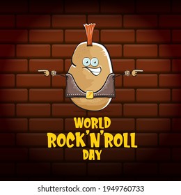 World rock n roll day poster with potato cartoon character isolated on brick wall background. Rock n roll day poster design template