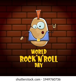 World rock n roll day poster with potato cartoon character isolated on brick wall background. Rock n roll day poster design template