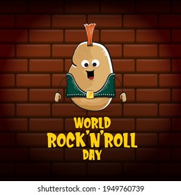 World rock n roll day poster with potato cartoon character isolated on brick wall background. Rock n roll day poster design template