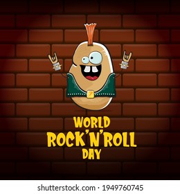 World rock n roll day poster with potato cartoon character isolated on brick wall background. Rock n roll day poster design template