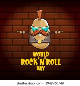 World rock n roll day poster with potato cartoon character isolated on brick wall background. Rock n roll day poster design template