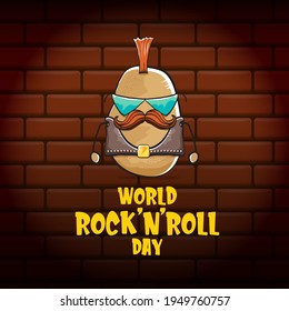 World rock n roll day poster with potato cartoon character isolated on brick wall background. Rock n roll day poster design template