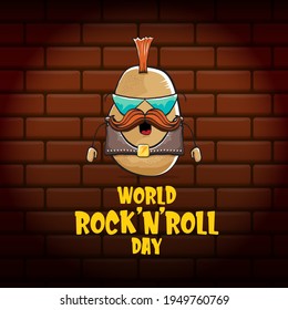 World rock n roll day poster with potato cartoon character isolated on brick wall background. Rock n roll day poster design template