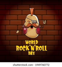 World rock n roll day poster with potato cartoon character isolated on brick wall background. Rock n roll day poster design template