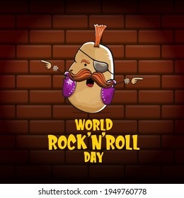 World rock n roll day poster with potato cartoon character isolated on brick wall background. Rock n roll day poster design template