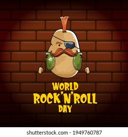 World rock n roll day poster with potato cartoon character isolated on brick wall background. Rock n roll day poster design template