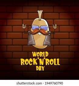 World rock n roll day poster with potato cartoon character isolated on brick wall background. Rock n roll day poster design template