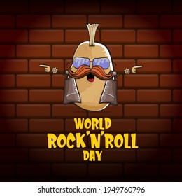 World rock n roll day poster with potato cartoon character isolated on brick wall background. Rock n roll day poster design template