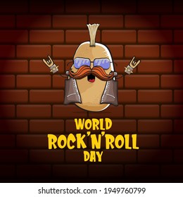 World rock n roll day poster with potato cartoon character isolated on brick wall background. Rock n roll day poster design template