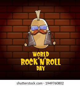World rock n roll day poster with potato cartoon character isolated on brick wall background. Rock n roll day poster design template