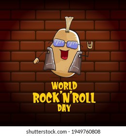 World rock n roll day poster with potato cartoon character isolated on brick wall background. Rock n roll day poster design template