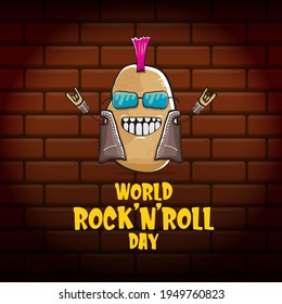 World rock n roll day poster with potato cartoon character isolated on brick wall background. Rock n roll day poster design template