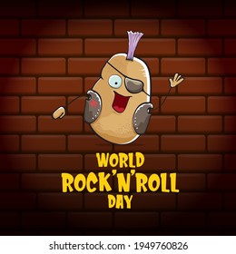 World rock n roll day poster with potato cartoon character isolated on brick wall background. Rock n roll day poster design template