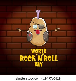 World rock n roll day poster with potato cartoon character isolated on brick wall background. Rock n roll day poster design template