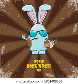 World rock n roll day poster with funny cartoon rock star rabbit character isolated on brown background with rays.