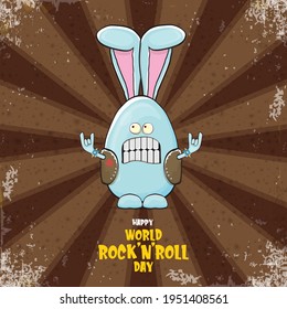 World rock n roll day poster with funny cartoon rock star rabbit character isolated on brown background with rays.