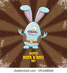 World rock n roll day poster with funny cartoon rock star rabbit character isolated on brown background with rays.