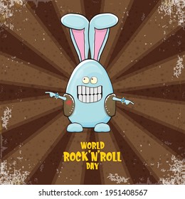 World rock n roll day poster with funny cartoon rock star rabbit character isolated on brown background with rays.