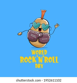 World rock n roll day poster with potato cartoon rock star character isolated on blue background. Rock n roll day poster design template