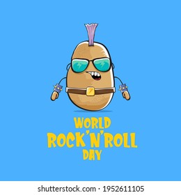 World rock n roll day poster with potato cartoon rock star character isolated on blue background. Rock n roll day poster design template