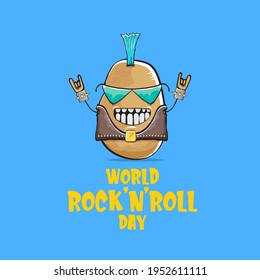 World rock n roll day poster with potato cartoon rock star character isolated on blue background. Rock n roll day poster design template