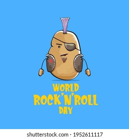 World rock n roll day poster with potato cartoon rock star character isolated on blue background. Rock n roll day poster design template