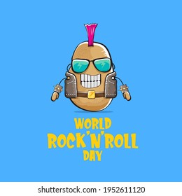 World rock n roll day poster with potato cartoon rock star character isolated on blue background. Rock n roll day poster design template