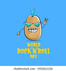 World rock n roll day poster with potato cartoon rock star character isolated on blue background. Rock n roll day poster design template
