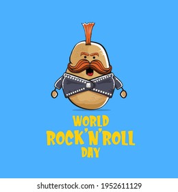 World rock n roll day poster with potato cartoon rock star character isolated on blue background. Rock n roll day poster design template