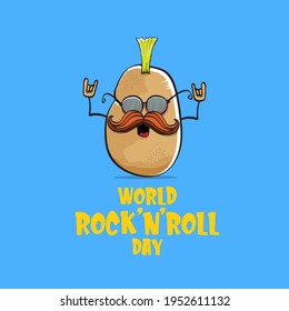 World rock n roll day poster with potato cartoon rock star character isolated on blue background. Rock n roll day poster design template