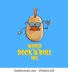 World rock n roll day poster with potato cartoon rock star character isolated on blue background. Rock n roll day poster design template