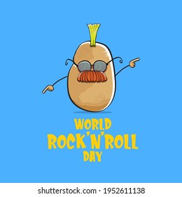 World rock n roll day poster with potato cartoon rock star character isolated on blue background. Rock n roll day poster design template