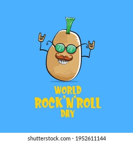 World rock n roll day poster with potato cartoon rock star character isolated on blue background. Rock n roll day poster design template