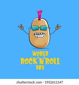 World rock n roll day poster with potato cartoon rock star character isolated on blue background. Rock n roll day poster design template