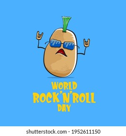 World rock n roll day poster with potato cartoon rock star character isolated on blue background. Rock n roll day poster design template