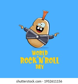 World rock n roll day poster with potato cartoon rock star character isolated on blue background. Rock n roll day poster design template