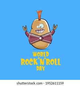 World rock n roll day poster with potato cartoon rock star character isolated on blue background. Rock n roll day poster design template