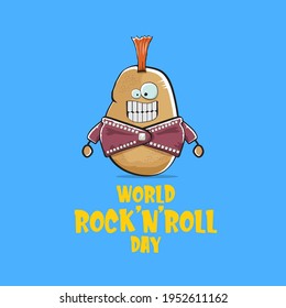 World rock n roll day poster with potato cartoon rock star character isolated on blue background. Rock n roll day poster design template