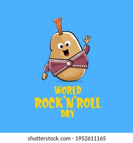 World rock n roll day poster with potato cartoon rock star character isolated on blue background. Rock n roll day poster design template