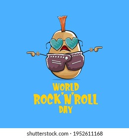 World rock n roll day poster with potato cartoon rock star character isolated on blue background. Rock n roll day poster design template