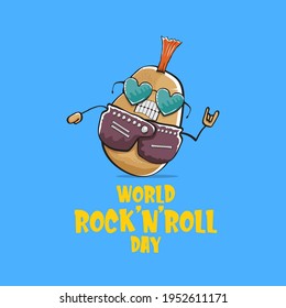 World rock n roll day poster with potato cartoon rock star character isolated on blue background. Rock n roll day poster design template