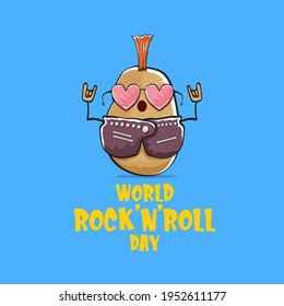 World rock n roll day poster with potato cartoon rock star character isolated on blue background. Rock n roll day poster design template
