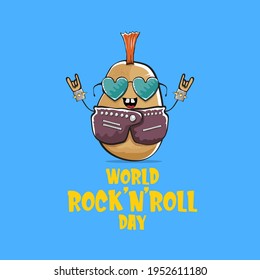 World rock n roll day poster with potato cartoon rock star character isolated on blue background. Rock n roll day poster design template