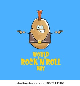 World rock n roll day poster with potato cartoon rock star character isolated on blue background. Rock n roll day poster design template