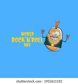 World rock n roll day poster with potato cartoon rock star character isolated on blue background. Rock n roll day poster design template