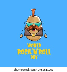 World rock n roll day poster with potato cartoon rock star character isolated on blue background. Rock n roll day poster design template