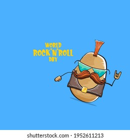 World rock n roll day poster with potato cartoon rock star character isolated on blue background. Rock n roll day poster design template